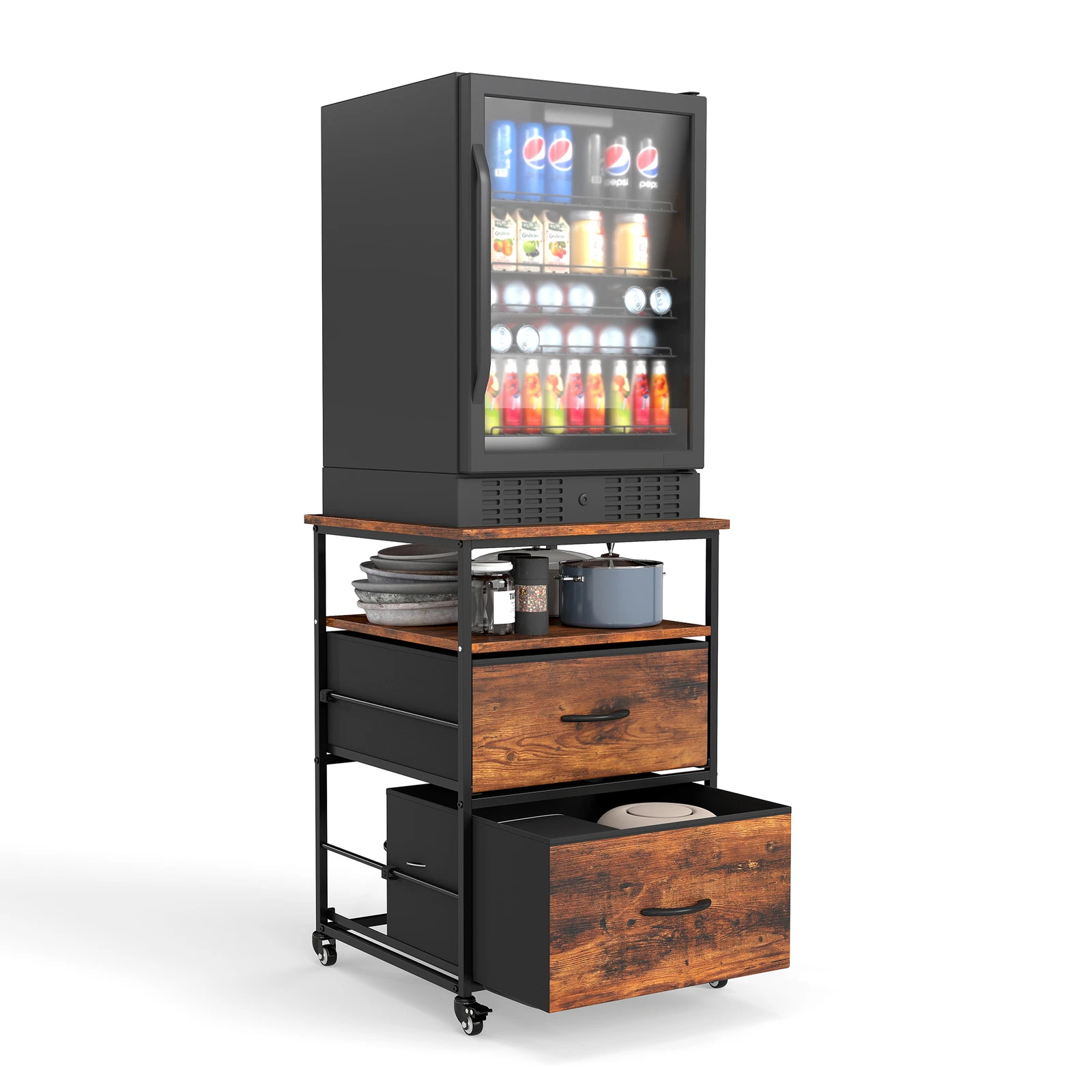 Mini Fridge Refrigerator Stand with 2 Drawers&Wheels Mini Beverage Fridge Table