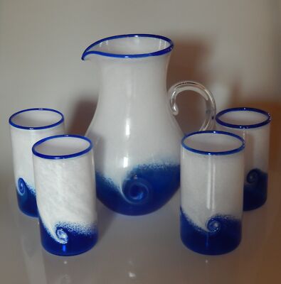 Anchor Bend Glass Works Studio Five Piece Pitcher and Tumblers WAVE Design