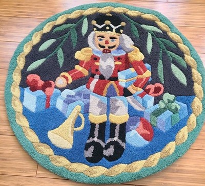 RARE VTG LOLOI Christmas Nutcracker Round 28.5'' Hooked Rug  