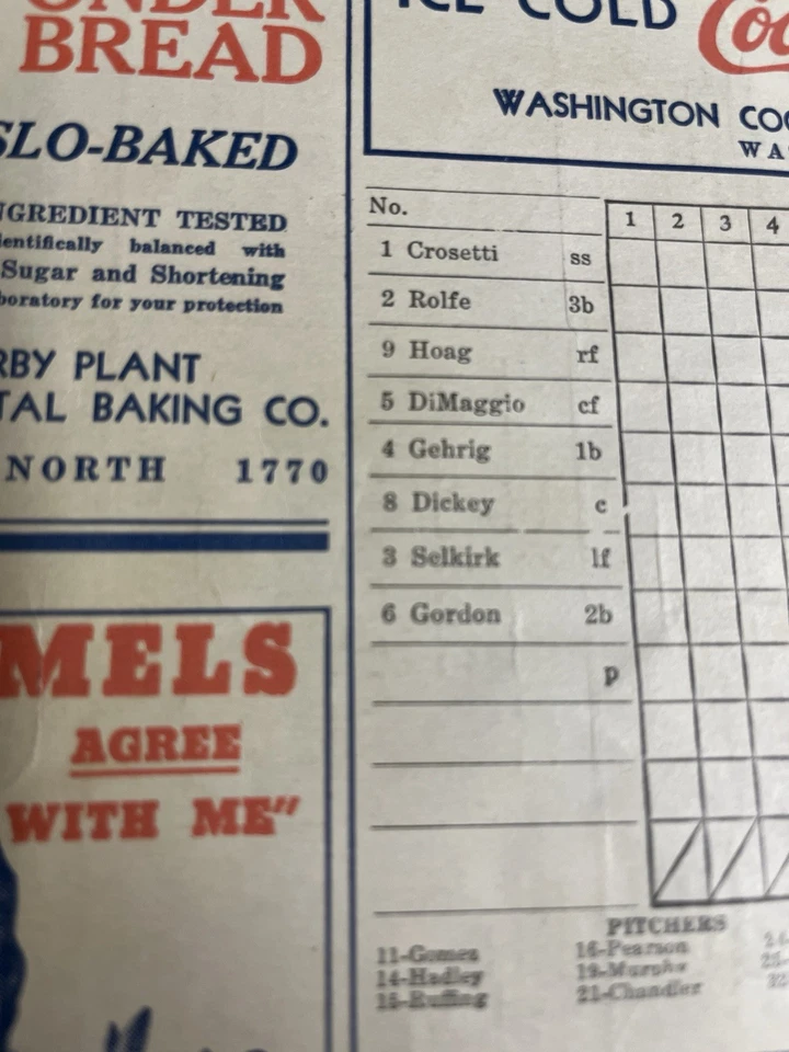 1938 Senators vs. NEW YORK YANKEES Scorecard DiMaggio & Gehrig in same lineup! - Image 4 of 4