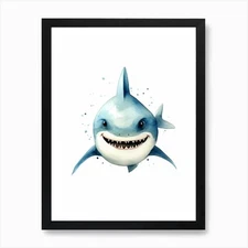 Cartoon Watercolour Blacktip Shark  Framed Wall Art Poster Canvas Print Picture
