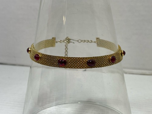 Vintage Goldtone Mesh Chain Choker Necklace Red Oval Cabochons Stone