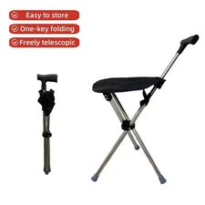 Folding Walking Cane with Seat Comfortable Handle for Elderly Telescopic US