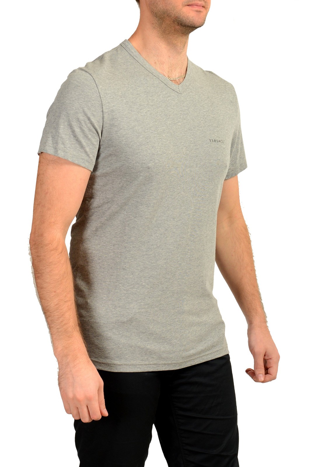 Versace Mens Logo Print Gray V-Neck T-Shirt Versace sz 3 US XS IT 46 9090₽