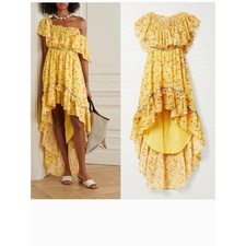 New LoveShackFancy Alexia Ruffle Tiered High Low Yellow Floral Dress Sz 10