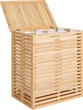Hamper with Lid, Bamboo Laundry Hamper 2 Compartment, Divider Dirty Clothes