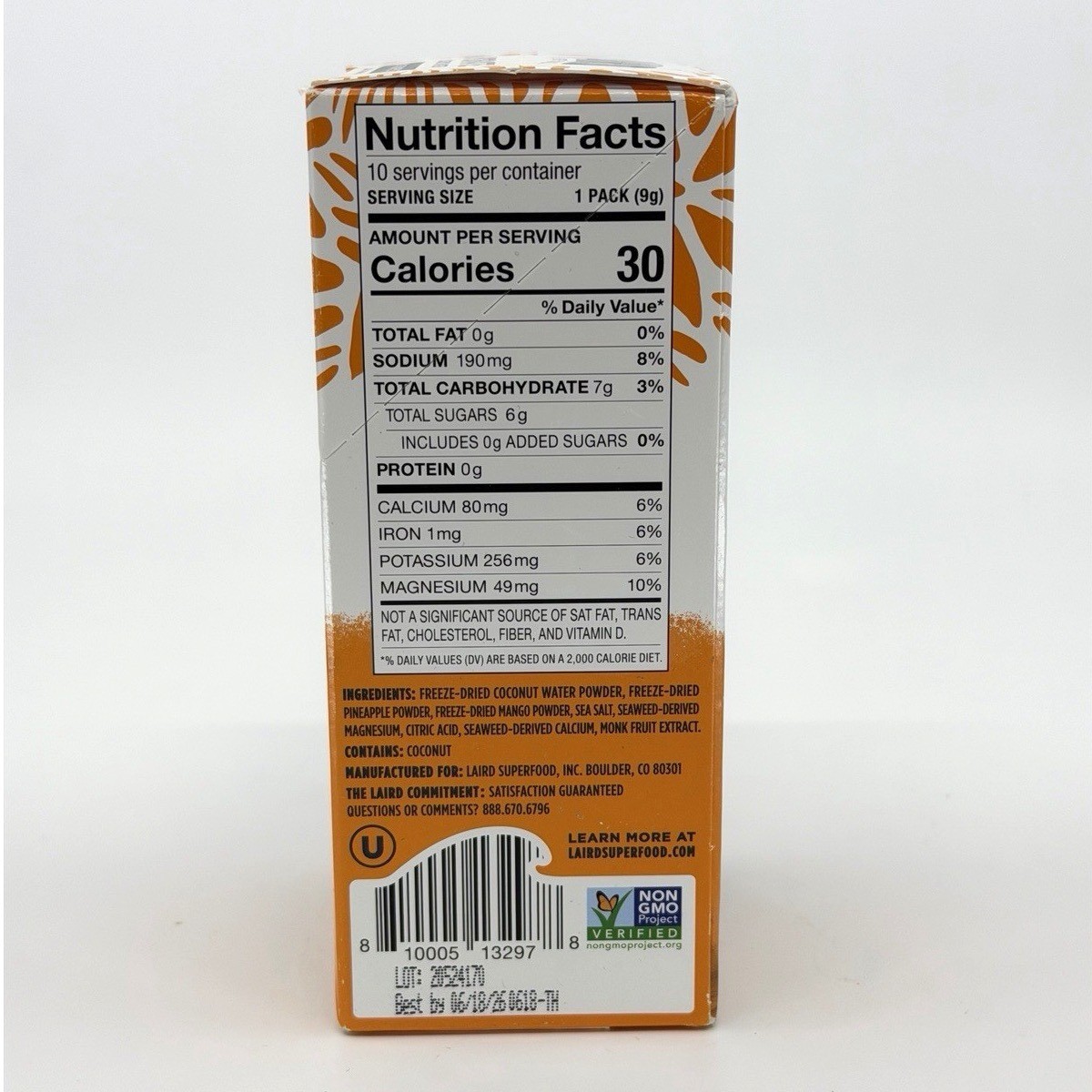 Laird Superfood Hydrate Coconut Water Mango Pineapple 10 Pack Best By 06/2026