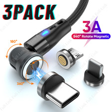 3 Pack Rotate Magnetic Phone Charger Charging Cable For Micro USB/Type C/ iPhone