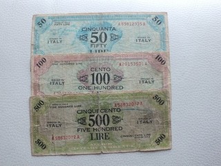 allied military currency am lire 1943 3 banconote 50/100/500 lire circolate