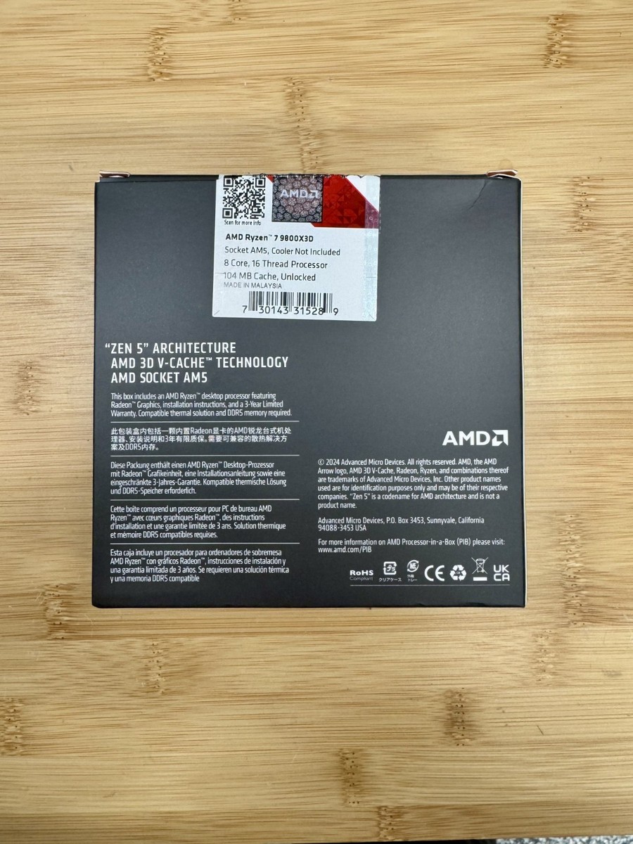 【新品未開封】AMD Ryzen 9800X3D BOX AMD Ryzen 7 9800X3D Granite Ridge AM5 4.70GHz 8-Core Boxed