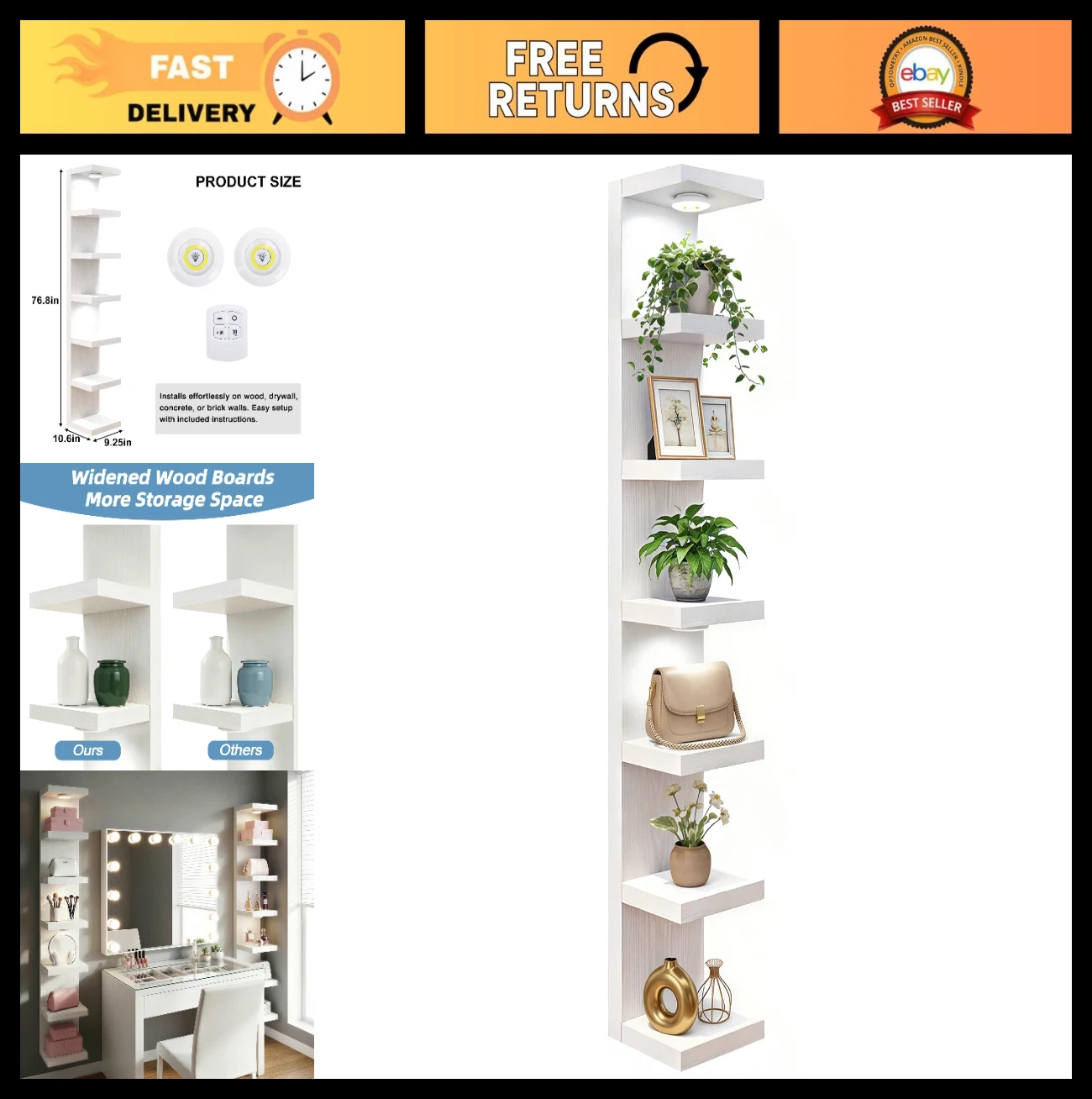 7-Tier Wall Mounted Shelf Unit with LED Lights - White Home Decor Organizer