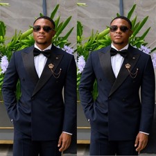 Navy Blue Men's Suits Peak Lapel Double Breasted Wedding Groom Tuxedo Casual Fit