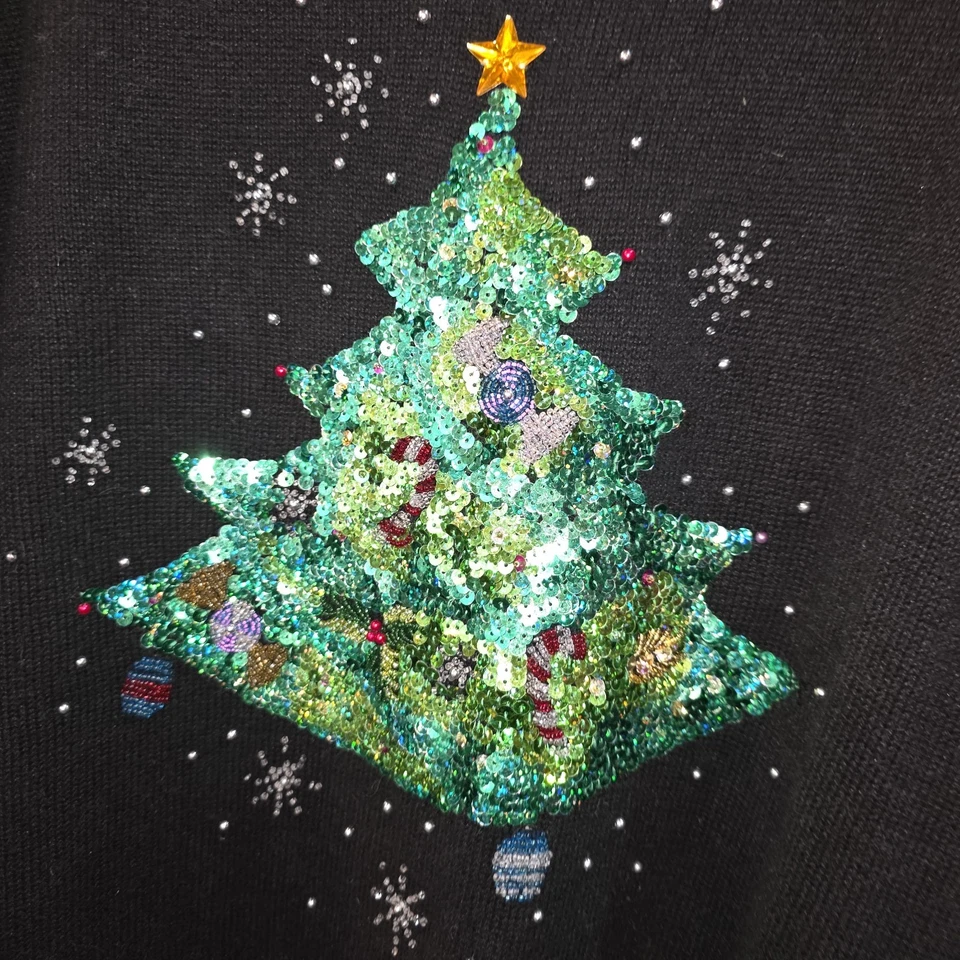 QUACKER FACTORY Sz 2X Vintage Black Sequin Beaded Christmas Tree Tunic Sweater - Image 3 of 4
