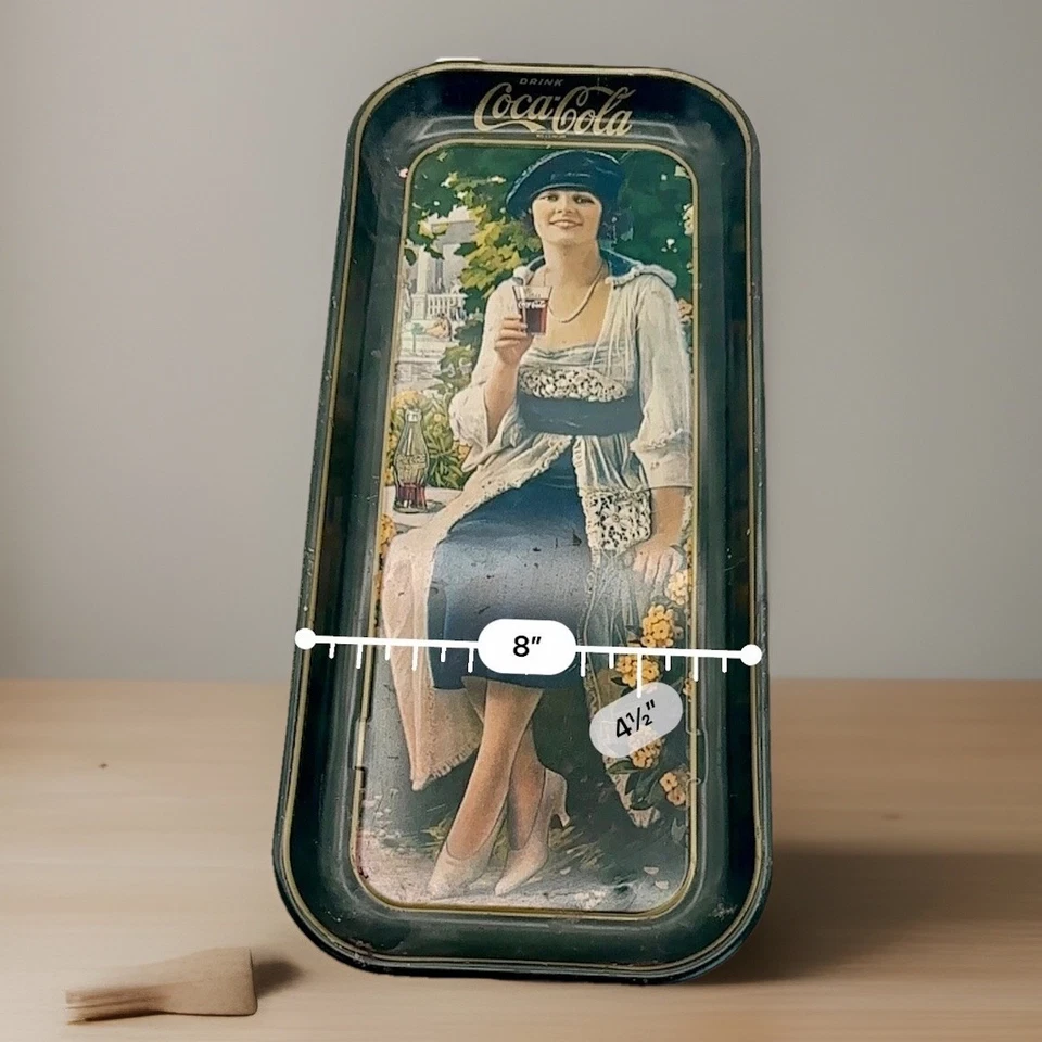 Vintage Coca-Cola Tray 1920s Lady in Blue Dress 19”x8” Retro Tin Metal Sign - Image 4 of 4