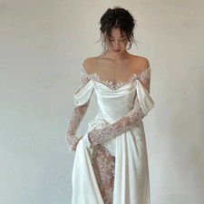 O-Neck Lace Long Sleeves Wedding Dresses A-Line Floor Length Sweep Train