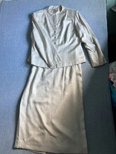 Adrianna Papell 2pc Silk Skirt Suit Women s 18 Beige Pearl Beaded VTG