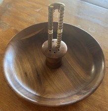 Vintage Walnut Lathe Turned Walnut/Nut Bowl 10  Diameter W/Gold Toned Nutcracker