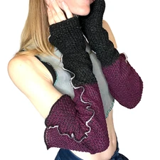 Sweater Knit Arm Warmers Purple Fingerless Gloves Black Long Arm Socks Warm Soft