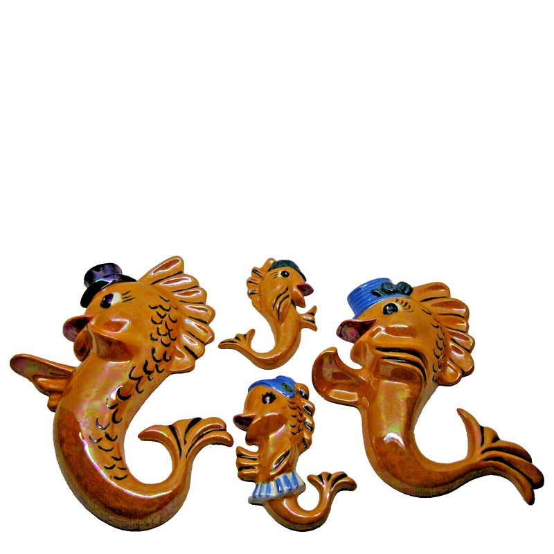 Vintage Mid Century Modern Anthropomorphic Fish Ceramic Wall Art Family