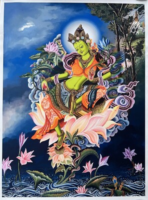 GREEN TARA MOTHER GODDESS NEWARI PAUBHA THANGKA DIGITAL GICLEE PRINT ON CANVAS