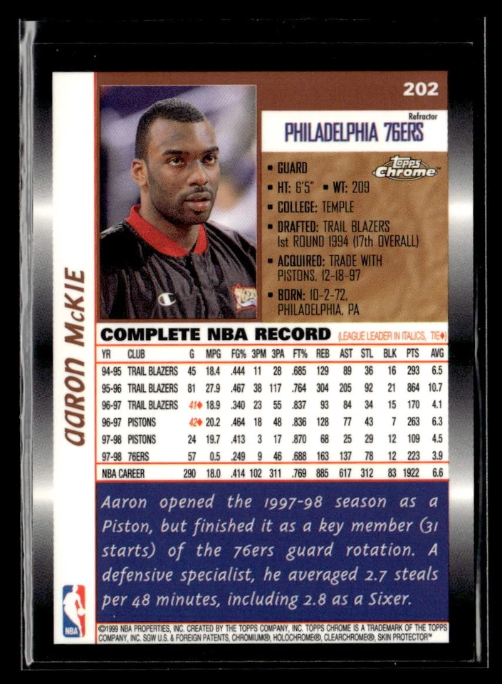 1998 Topps Chrome #202 Aaron McKie Refractor EX/NM - Image 2 of 2