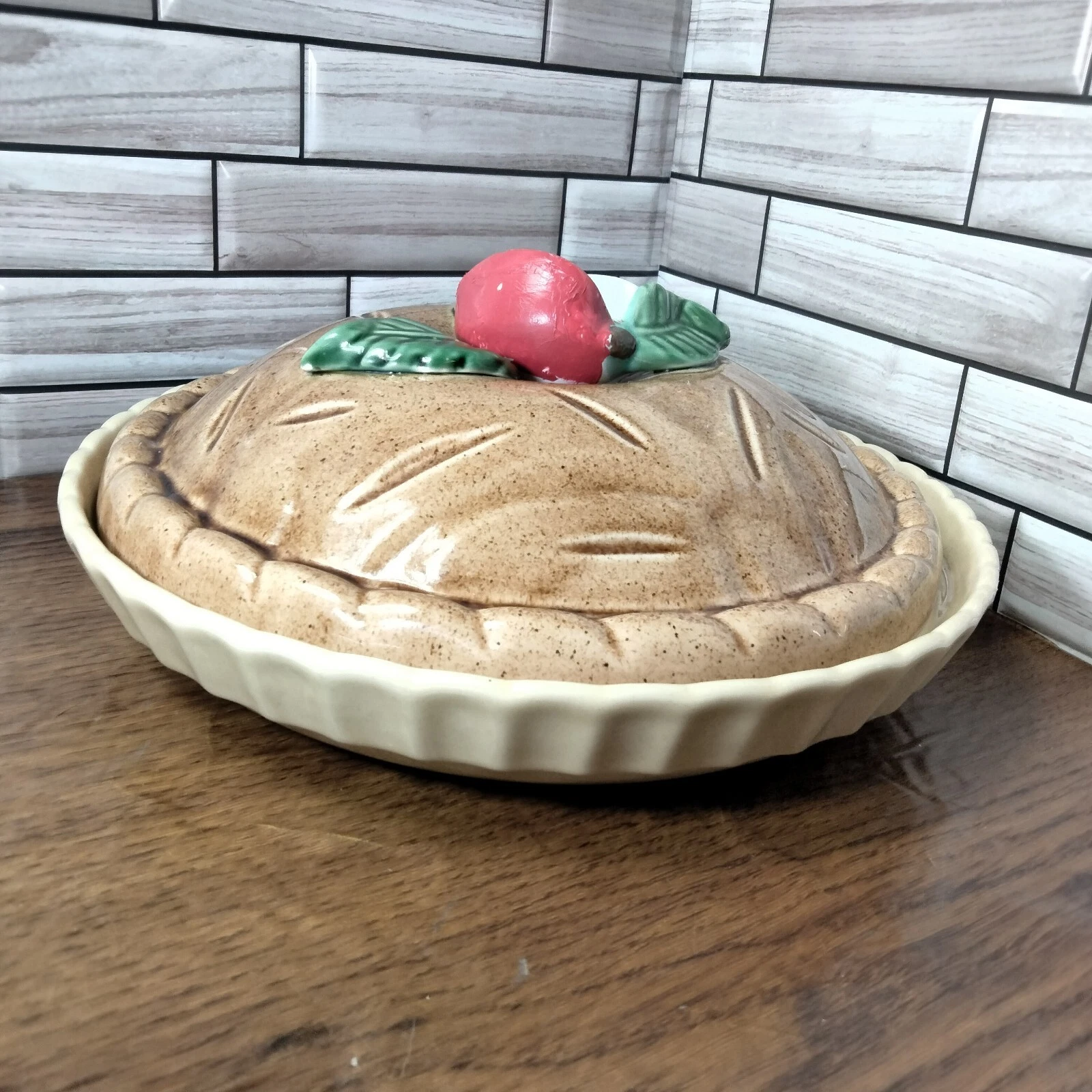 Ceramic-Apple Pie Keeper, Plate and Lid/Cover-Fruit Pie brown red white green