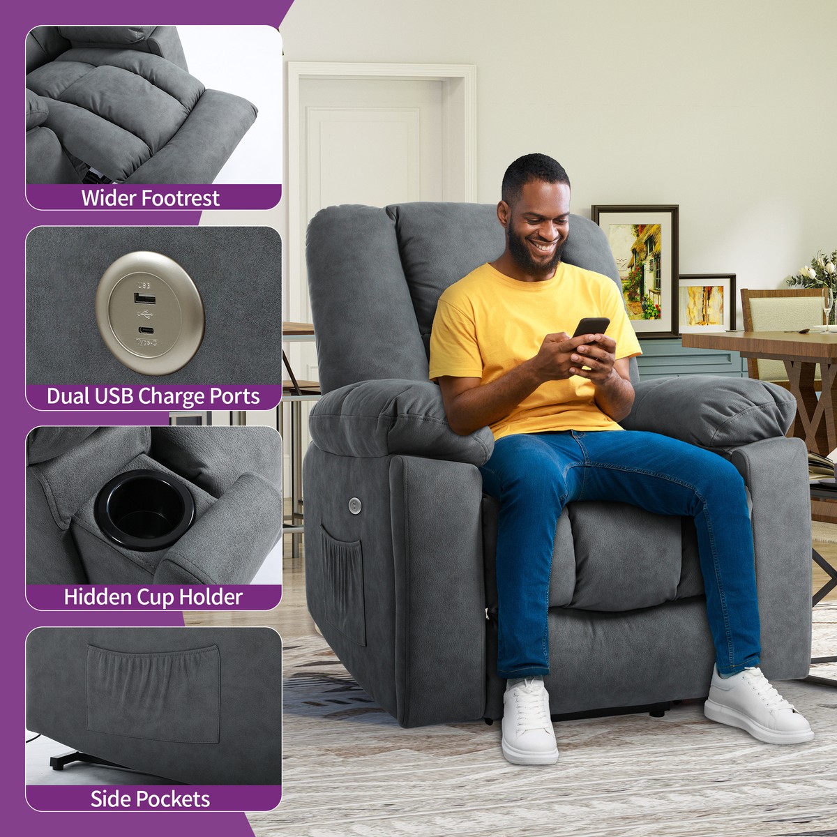 Jordy Blue Recliner Chair Electric Fabric Electric Power Lift Recliner