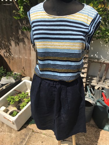 Dress Navy Mix striped top Elasticated Waistband Skirt One Piece Sz 8/10 - Picture 9 of 12