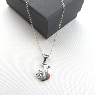 NEU - Sterling Silber / Zirkonia Halbmond Mond Charm Halskette