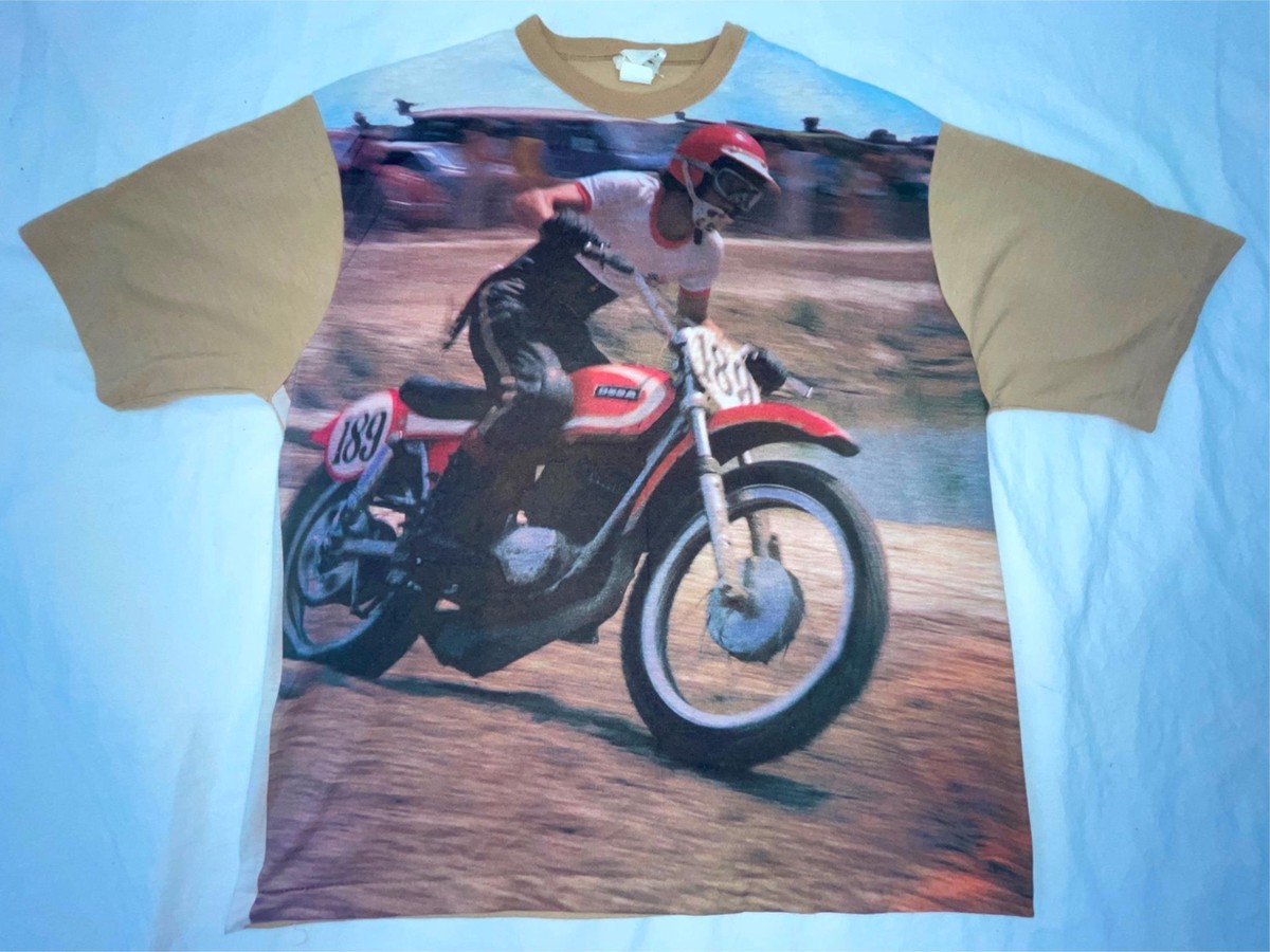 VTG 70 MEN XL ALL OVER PRINT STRIPE MOTORCYCLE ALL OVER PRINT