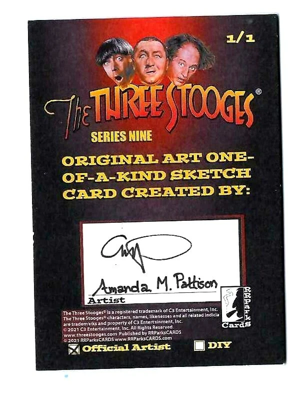 THE THREE STOOGES CURLY  SKETCH CARD HAND DRAWN-AMANDA P. 1/1 RRPARKS SERIES 9 - Image 2 of 2