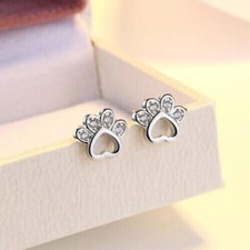 0.12 Ct Round Natural Diamond Paw Print Stud Earrings White Gold Plated Silver