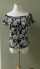 BELLE SKY Womens Smocked Stretch Off Shoulder Top Black White Floral X- Large NW