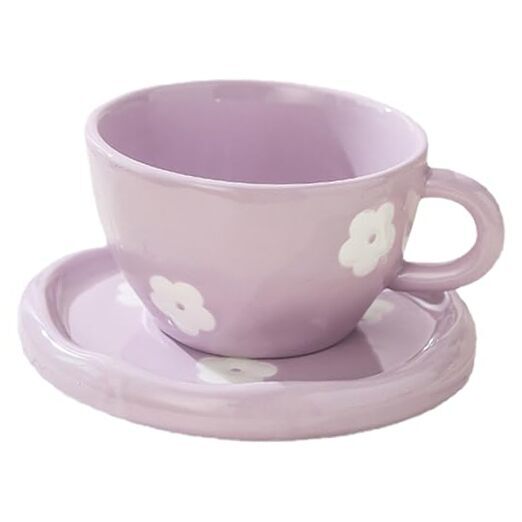 Coffee Mugs Set with Saucer Cute Purple Flowers Cup Gifts for Women for