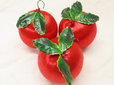 3 Red Satin Spun Silk Sheen Holly Christmas Balls Ornaments Styrofoam 3" D5083