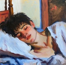 Original Ölgemälde Vintage Stil Junger Mann Portrait. Gerahmt fertig zum Aufhängen.