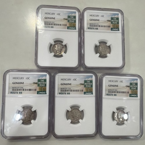 Lot Of (5) Random 1916-1945 Mercury Dime NGC Genuine Graded Route 66 Edition