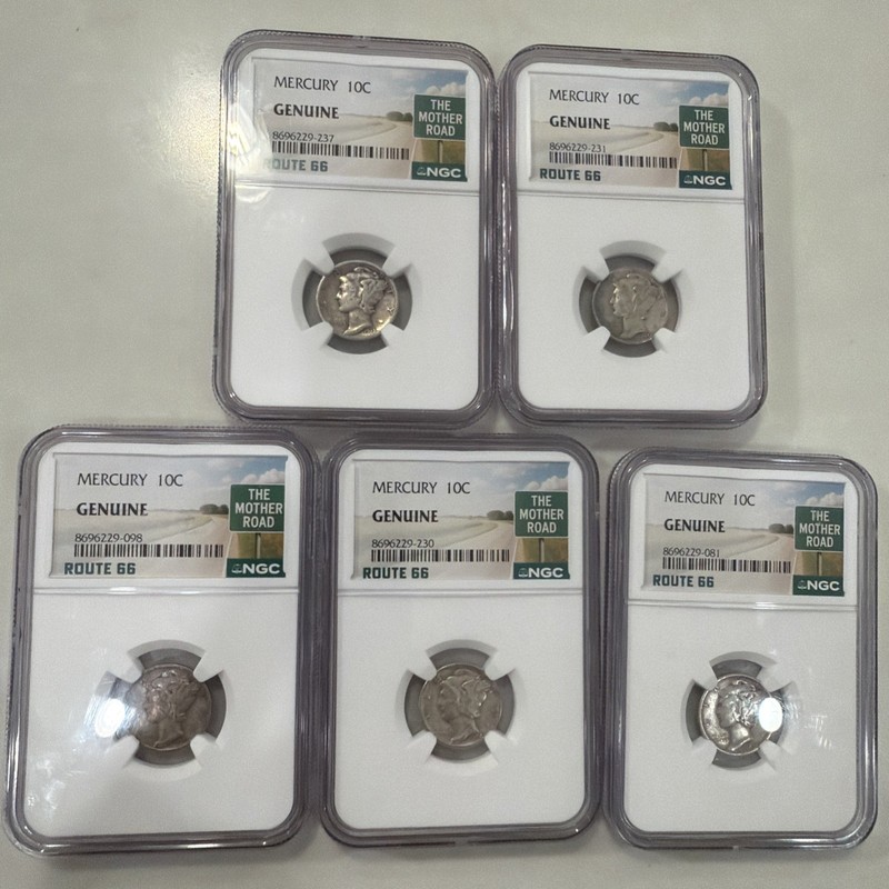 Lot Of (5) Random 1916-1945 Mercury Dime NGC Genuine Graded Route 66 Edition