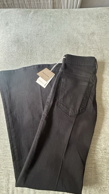 Mother Wide-Leg Black Denim Jeans Women's Solid Zip Button Accents