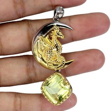 925 Sterling Silver Pendant Lemon Quartz 13ct Wyvern Dragon Handmade Gemstone Nr