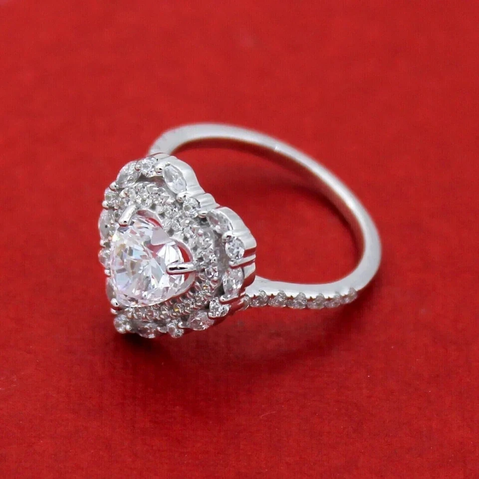 3Ct Heart Cut Lab Created Diamond Cluster Engagement Ring 14K White Gold Finish - Image 3 of 4