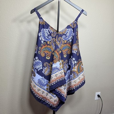 Unique Spectrum Boho Paisley Bandana Cami Top M Blue Satin Handkerchief Hem...