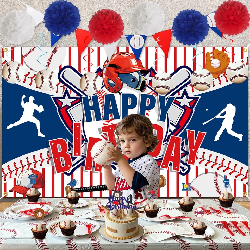 Decoraciones de fiesta de cumpleaños de béisbol, incluye platos, servilletas, remolinos colgantes,... Foto 4 de 4