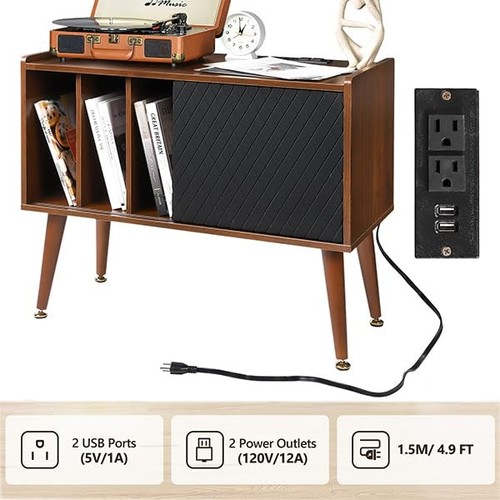 Large Record Player Stand with Charging Station, Vinyl Record Storage Cabinet - Picture 6 of 8