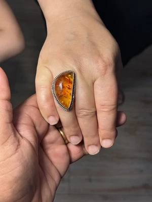 Handmade Resin Statement Ring – Size 8 – Brass Setting – Amber Style Teardrop - Image 1 of 4