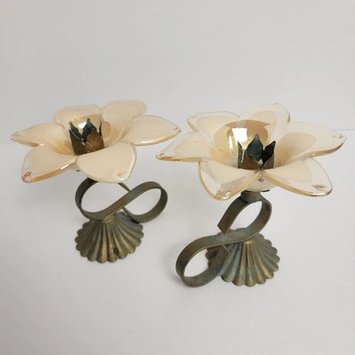 Vintage Italy Floral Candle Holder, Murano Glass Yellow Clear Petal Green Metal