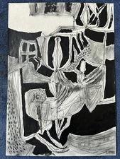 jerry opper drawing and painting on old paper signed stamped vintage