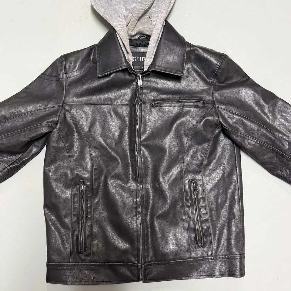 Guess Vegano Imitación Cuero Moto Chaqueta Para Hombres Pequeña Gris Extraíble Sudadera con Capucha Motociclista NUEVO Foto 3 de 4