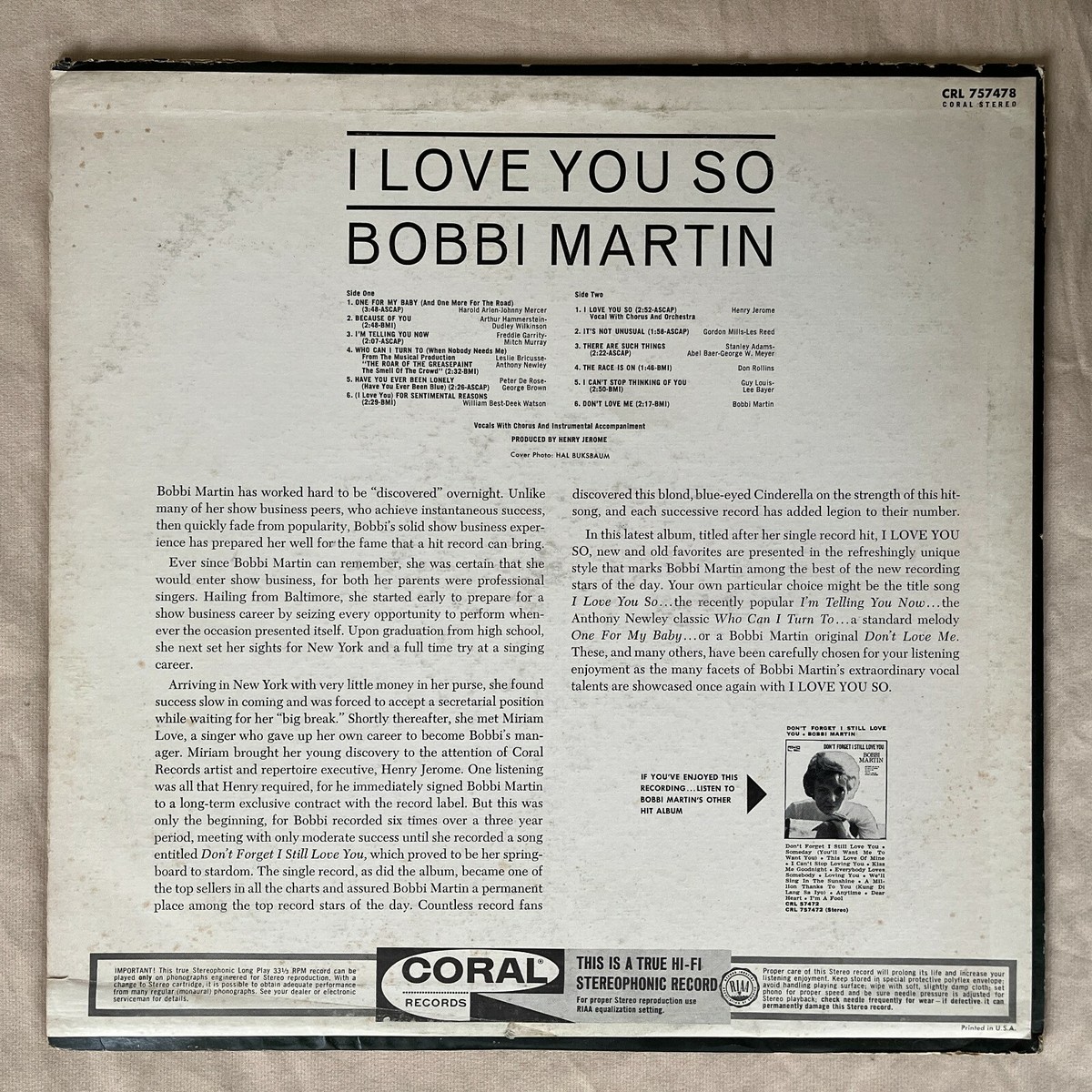 BOBBI MARTIN I Love You So 1965 Vinyl LP Coral CRL 757478 - G+ | eBay