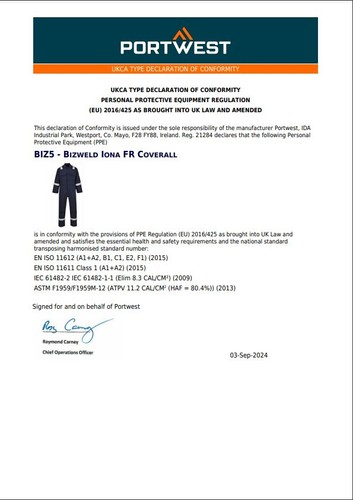 Portwest Welding Flame Resistant Coverall Hi Vis Bizweld Boilersuit Overall BIZ5 - Picture 3 of 9